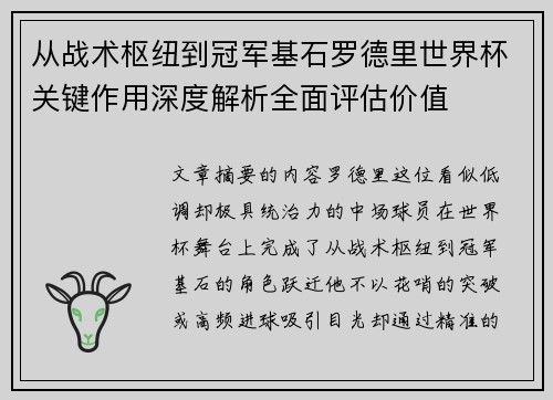 从战术枢纽到冠军基石罗德里世界杯关键作用深度解析全面评估价值