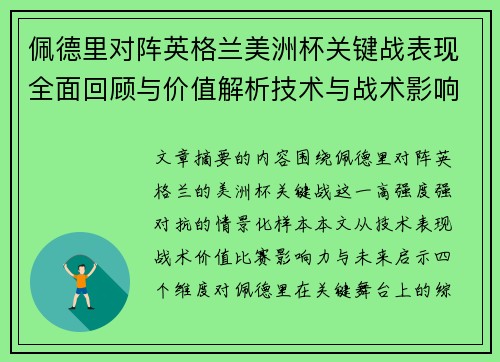 佩德里对阵英格兰美洲杯关键战表现全面回顾与价值解析技术与战术影响
